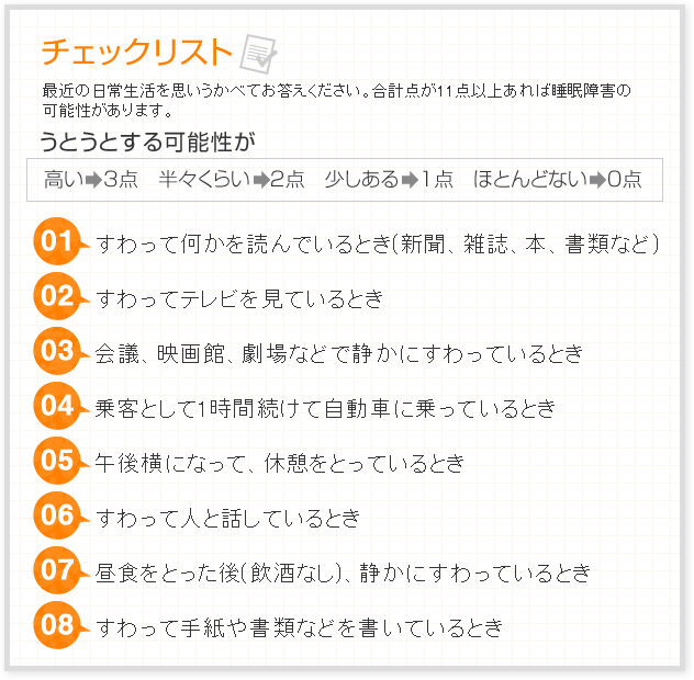 チェックリスト　最近の日常生活を思いうかべてお答えください。合計点が11点以上あれば睡眠障害の可能性があります。